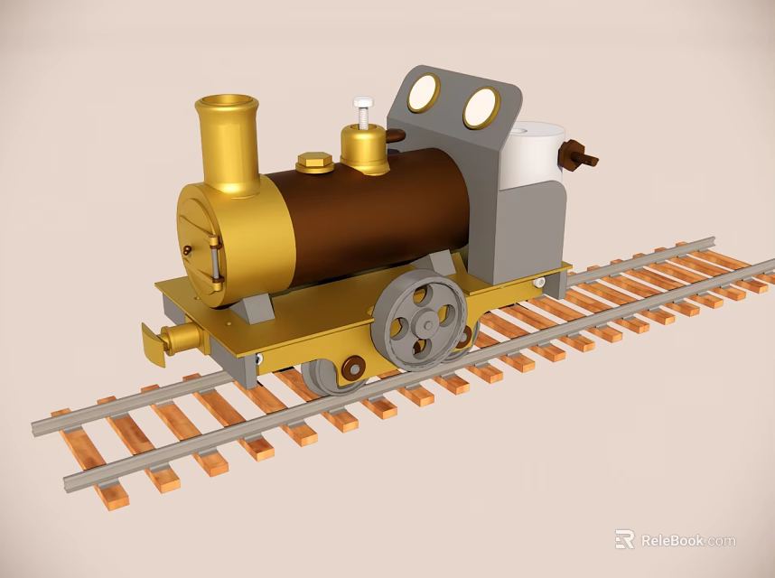 Colorful Toy Train Model On Wooden Track With Gold Brown And Gray Details 3d model 