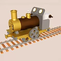 Colorful Toy Train Model On Wooden Track With Gold Brown And Gray Details