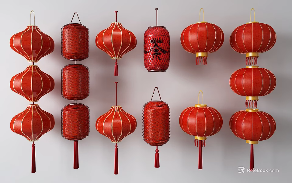 A Collection Of Red Traditional Chinese Lanterns In Various Styles 3d model 