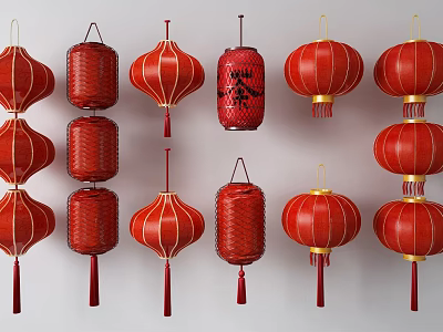 A Collection Of Red Traditional Chinese Lanterns In Various Styles 3d model