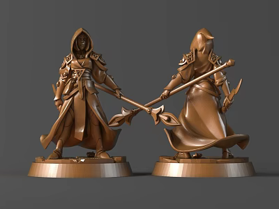 Bronze Sculpture Carvings of Fantasy Hooded Characters with Weapons on Base in Dynamic Poses 3d model