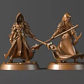 Bronze Sculpture Carvings of Fantasy Hooded Characters with Weapons on Base in Dynamic Poses