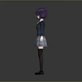 Anime Game Character With Purple Hair Blue Blazer Plaid Skirt And Black Stockings