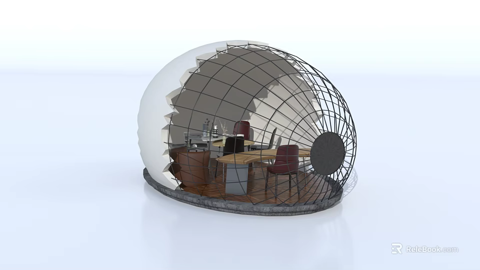 Dome Shaped Relaxation Area With Metal Frame And Indoor Tables Chairs 3d model 