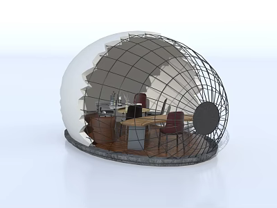 Dome Shaped Relaxation Area With Metal Frame And Indoor Tables Chairs 3d model