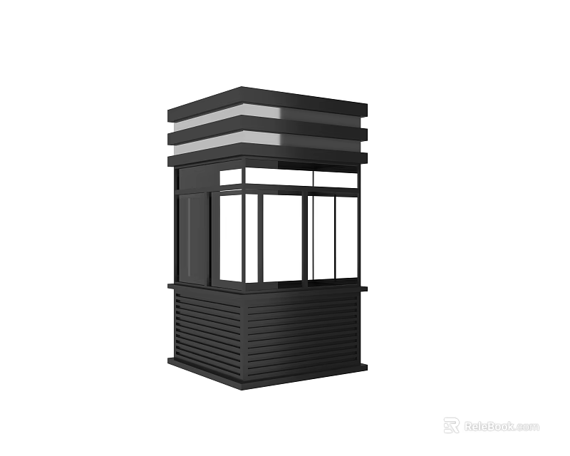 Modern Black Security Booth Featuring Glass Windows And Layered Roof Structure 3d model