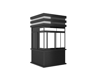 Modern Black Security Booth Featuring Glass Windows And Layered Roof Structure 3d model