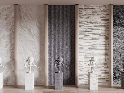 Modern Background Wall Design With Marble Dark Vertical Stripes Stone Tile And Sculptures On Pedestals 3d model