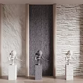 Modern Background Wall Design With Marble Dark Vertical Stripes Stone Tile And Sculptures On Pedestals