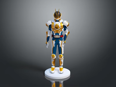 Shiny Gold Blue White Mecha Style Humanoid Decorative Collectible Figure On White Base 3d model
