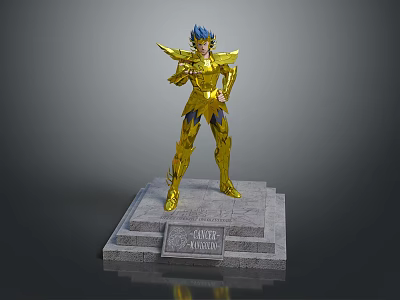 Detailed Golden Armor Figure With Blue Hair Standing On Stone Pedestal Featuring Aries Shion Inscription 3d model