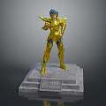 Detailed Golden Armor Figure With Blue Hair Standing On Stone Pedestal Featuring Aries Shion Inscription