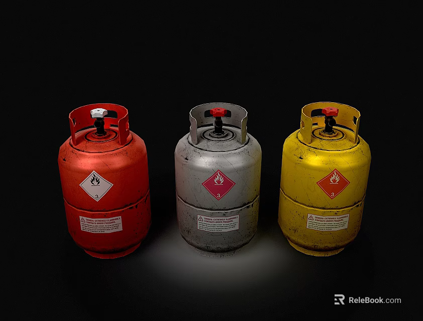 Red Silver Yellow Gas Cylinders With Safety Labels And Gas Symbols 3d model 