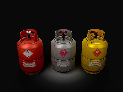 Red Silver Yellow Gas Cylinders With Safety Labels And Gas Symbols 3d model