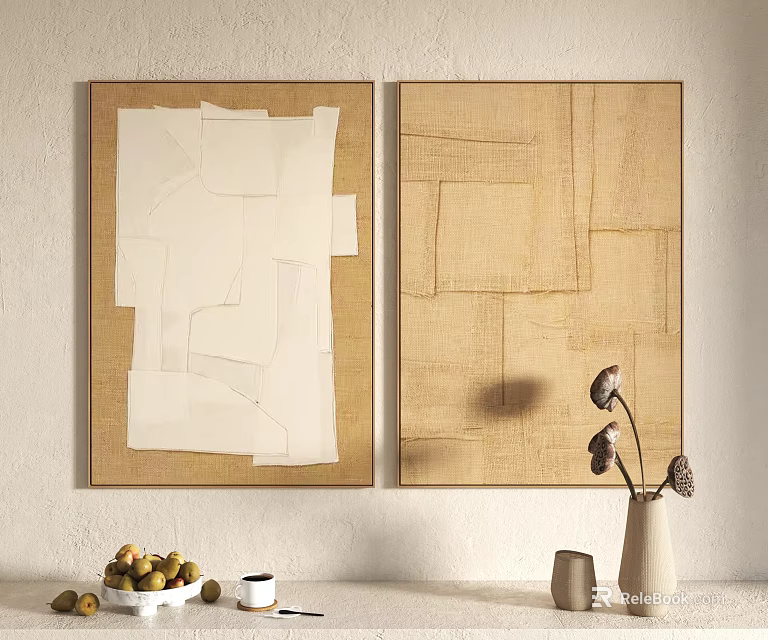 Two Abstract Artwork Frames With Neutral Beige White Brown Tones For Wall Decor 3d model 