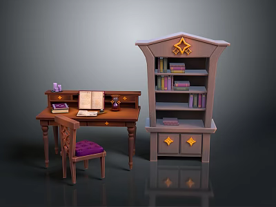 Home Interior Wooden Desk Chair Purple Cushion And Decorative Bookshelf With Books 3d model