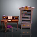 Home Interior Wooden Desk Chair Purple Cushion And Decorative Bookshelf With Books