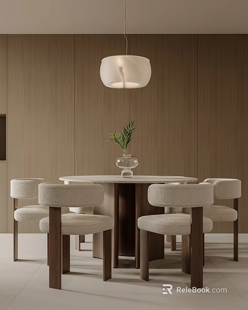 Modern Round Dining Set With White Chairs Green Plant And Hanging Lamp On Wooden Walls 3d model 