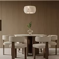 Modern Round Dining Set With White Chairs Green Plant And Hanging Lamp On Wooden Walls
