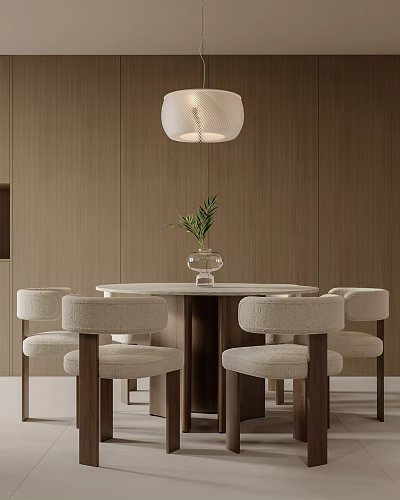 Modern Round Dining Set With White Chairs Green Plant And Hanging Lamp On Wooden Walls 3d model