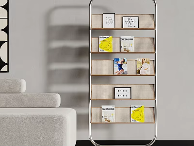 Modern Minimalist Display Shelf With Metal Frame And Grid Shelves Holding Books Magazines 3d model