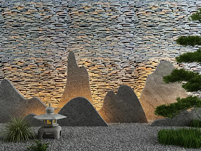 Karesansui Zen Garden Featuring Stone Wall Mountain Shaped Rocks Stone Lantern Pine Tree And Gravel 3d model