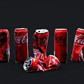 Red Coca Cola Aluminum Cans With One Crushed Arranged In A Row