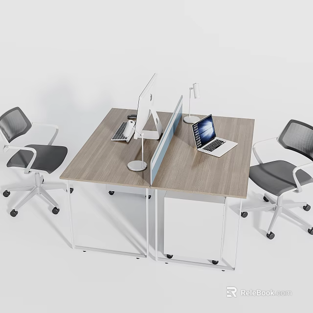 Modern Office Desk With Wooden Top Divider Desktop Computer Laptop And Office Chairs 3d model 