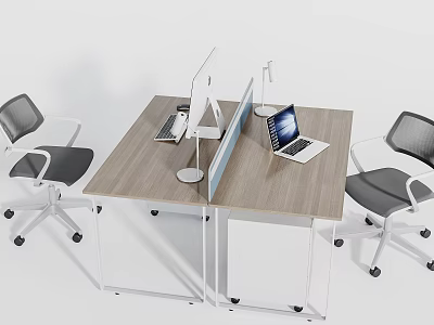 Modern Office Desk With Wooden Top Divider Desktop Computer Laptop And Office Chairs 3d model