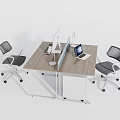 Modern Office Desk With Wooden Top Divider Desktop Computer Laptop And Office Chairs