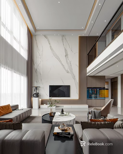 Modern Duplex Living Room With Marble Wall And Cozy Furniture 3d model 