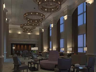 Elegant Sales Office Interior With Chandeliers Tall Windows And Comfortable Seating 3d model