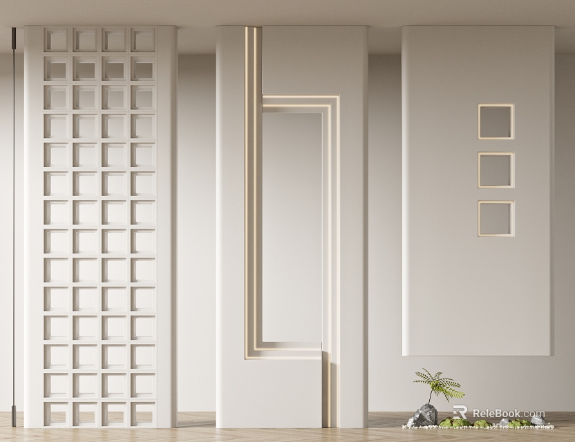 Modern Interior Partition With White Grid Design Panels And Decorative Elements 3d model 
