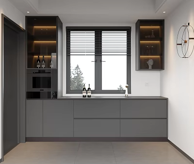 Modern Kitchen Interior Design With Gray Cabinets Lit Shelves Blinds And Windowsill Decor 3d model