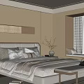 Modern Elegant Bedroom Interior With Bed Nightstand Table Lamp And Mountain View Window
