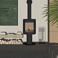 Modern Metal Fireplace with Burning Fire and Green Plant in Cozy Living Room