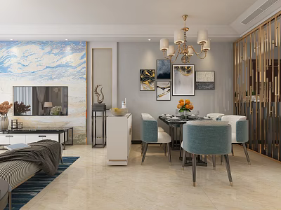 Elegant Modern Living and Dining Room Interior With Chandelier Dining Table and Decorative Paintings 3d model