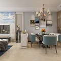 Elegant Modern Living and Dining Room Interior With Chandelier Dining Table and Decorative Paintings