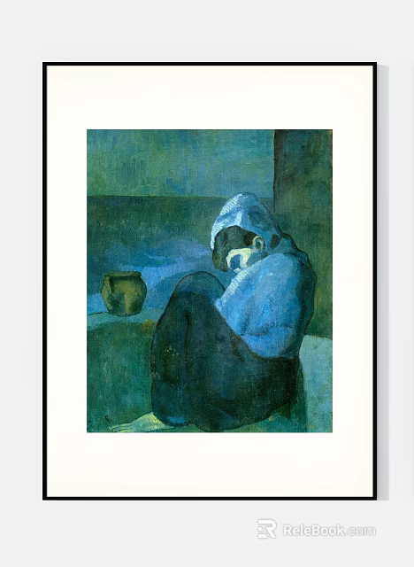 Figure Painting of Seated Person in Hooded Garment with Clay Pot Background 3d model 