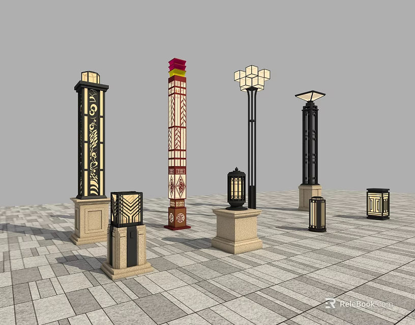Outdoor Garden Lights with Decorative Patterns and Multiple Column Designs for Outdoor Spaces 3d model