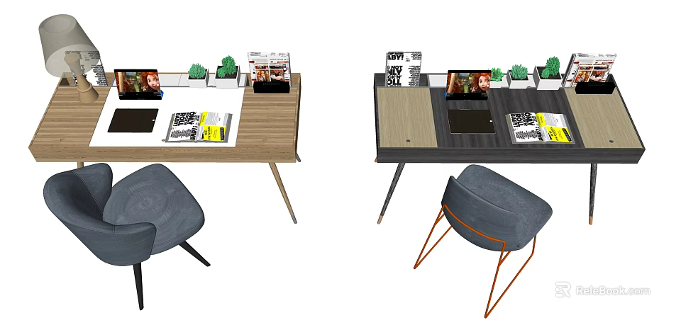 Modern Home Office Desks Featuring Laptop Books Small Plants and Gray Metal Leg Chairs 3d model 