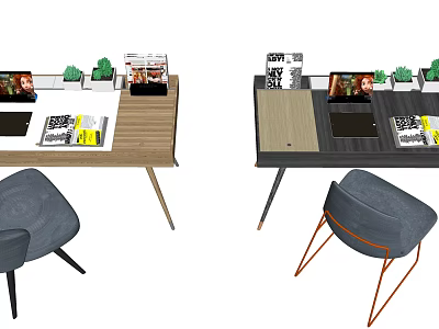 Modern Home Office Desks Featuring Laptop Books Small Plants and Gray Metal Leg Chairs 3d model