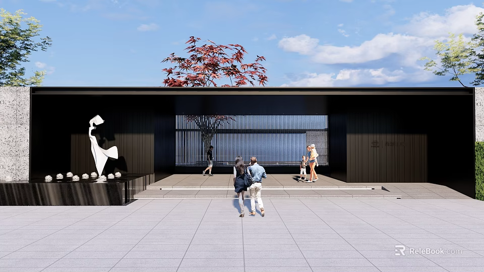 Modern Entrance Gate Design With Glass Curtain Wall Sculpture And Trees Nearby 3d model 