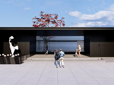 Modern Entrance Gate Design With Glass Curtain Wall Sculpture And Trees Nearby 3d model