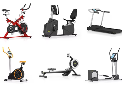 Various Sports Equipment Including Stationary Bikes Treadmills And Elliptical Trainers For Home Gym 3d model