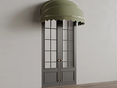 Stylish Gray Double Doors With Green Awning And Glass Panel Design 3d model