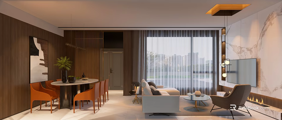 Modern Living Dining Room Interior With Sofa Dining Table Large Windows And Pendant Light 3d model 