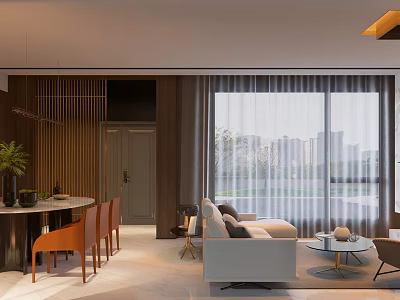 Modern Living Dining Room Interior With Sofa Dining Table Large Windows And Pendant Light 3d model