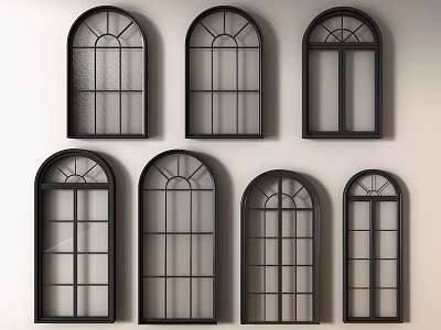 Arched Black Framed Casement Windows With Grid Patterns Mounted On White Wall 3d model
