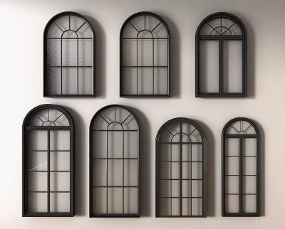Arched Black Framed Casement Windows With Grid Patterns Mounted On White Wall 3d model